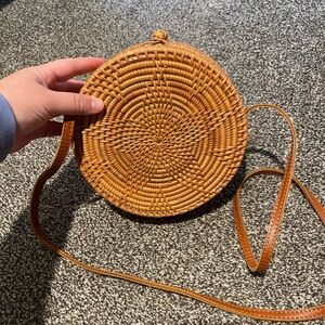 Round Woven Tan Crossbody Bag